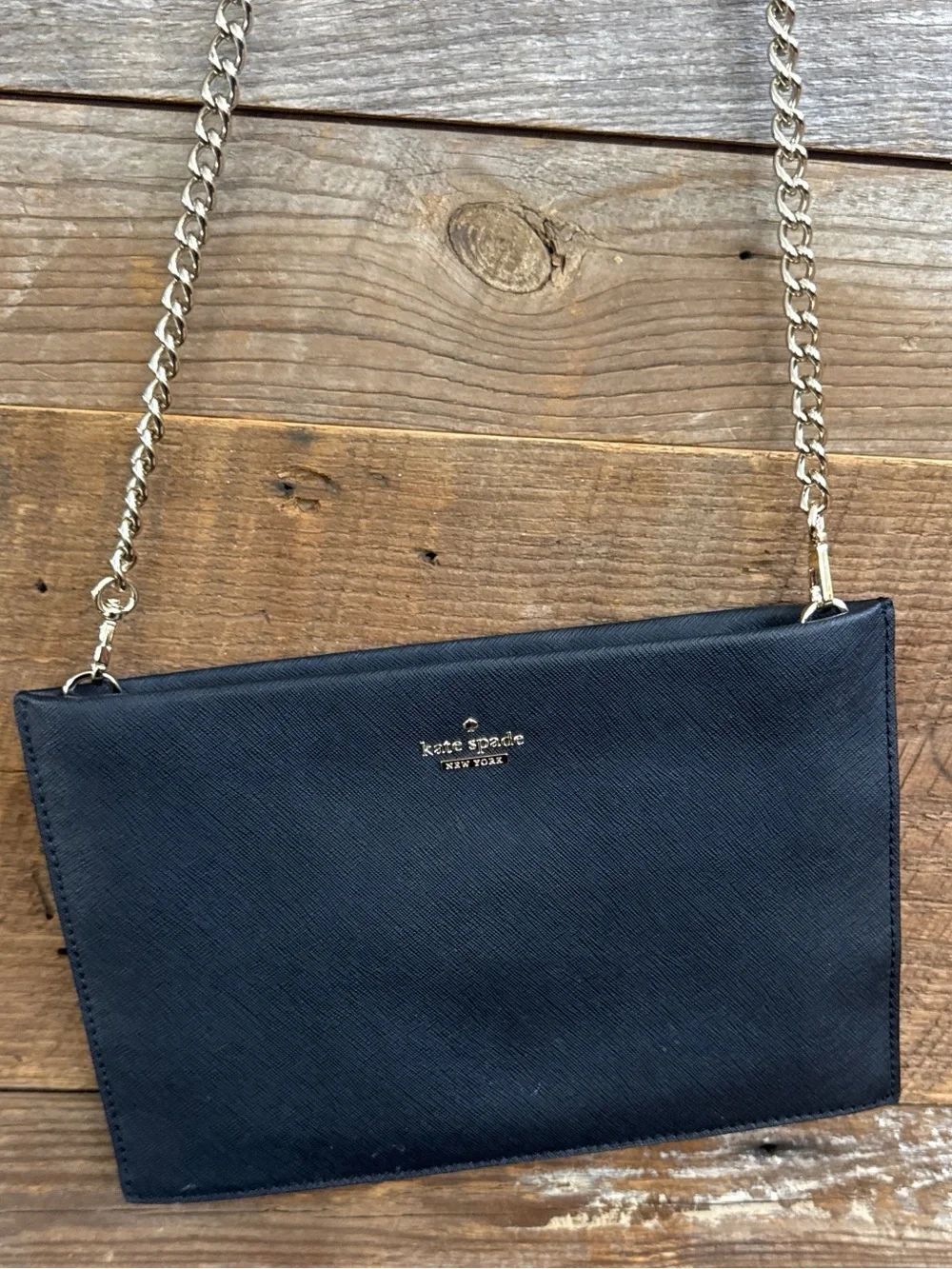 Kate Spade Cameron Street Sima Black Saffiano Leather Chain Crossbody Clutch Bag